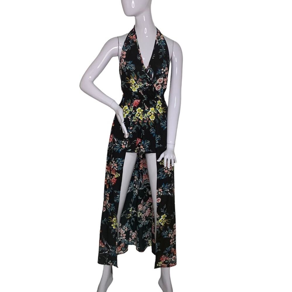 Halter V Neck Floral Party Split Maxi Romper Dress Size S